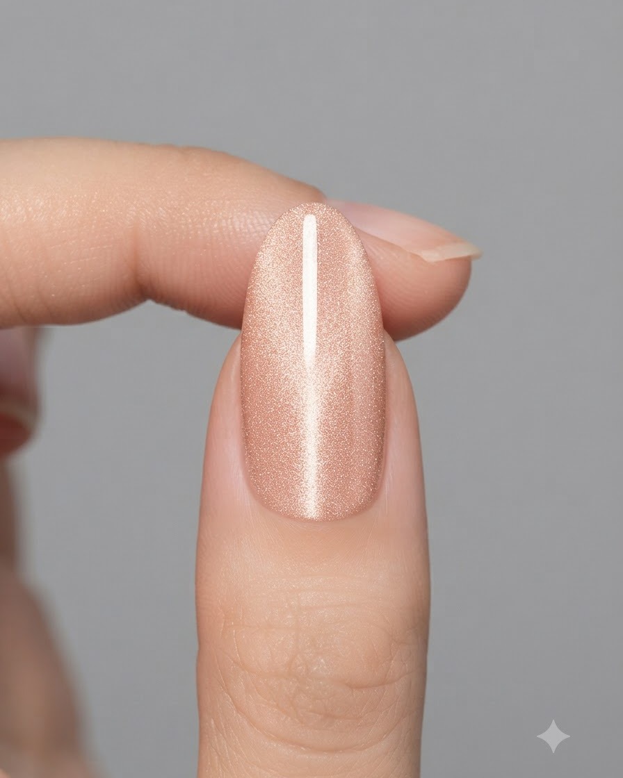 Eine Nahaufnahme eines fertigen Fingers mit einem scharfen, vertikalen Cat-Eye-Lichtstreifen an der Seite in der Mitte.