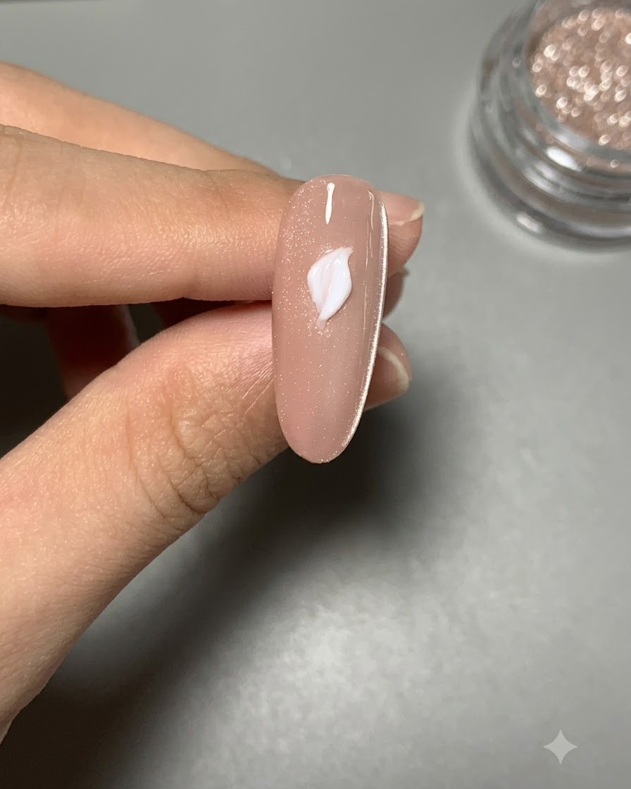 Ein Nagelpinsel, der klaren Top-Coat auf eine Nude- und Silber-Cat-Eye-Nageloberfläche aufträgt.