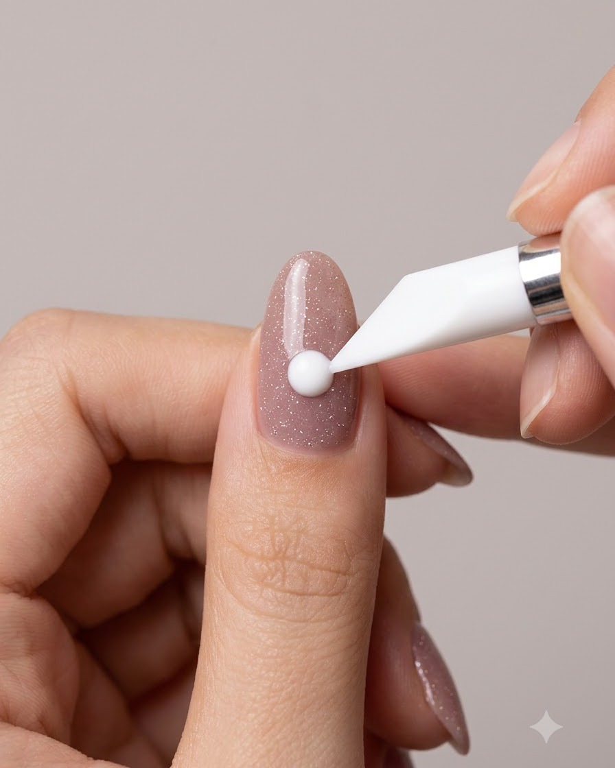Ein Silikon-Formungswerkzeug platziert einen Tropfen weißes 3D-Gel auf einen Nude glitzernden Nagel.