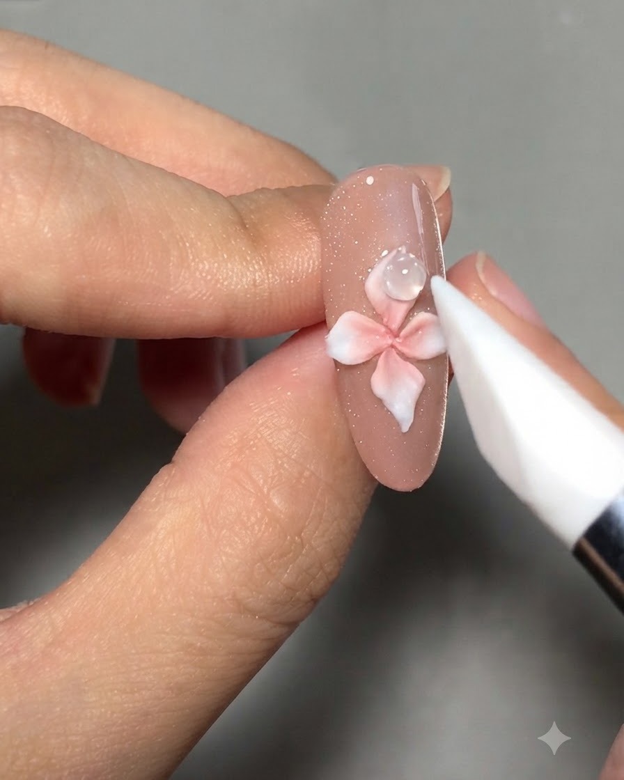 Ein Silikon-Nagelformungswerkzeug arbeitet an weißen 3D-Gel-Blütenblättern über einer Nude Cat-Eye-Nagelbasis.