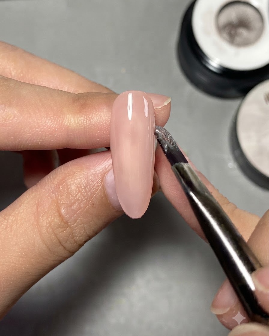 Ein Nagelpinsel trägt transparentes Nude-Gel-Polish auf eine mandelförmige Nagelspitze auf.