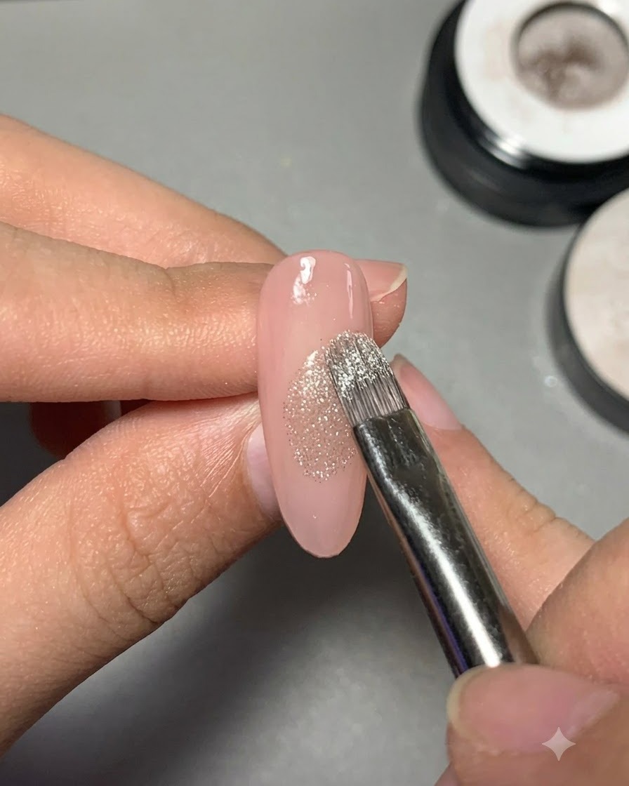 Ein feiner Pinsel trägt glitzerndes silbernes Cat-Eye-Gel auf die Nude-Gel-Basis eines Nagels auf.