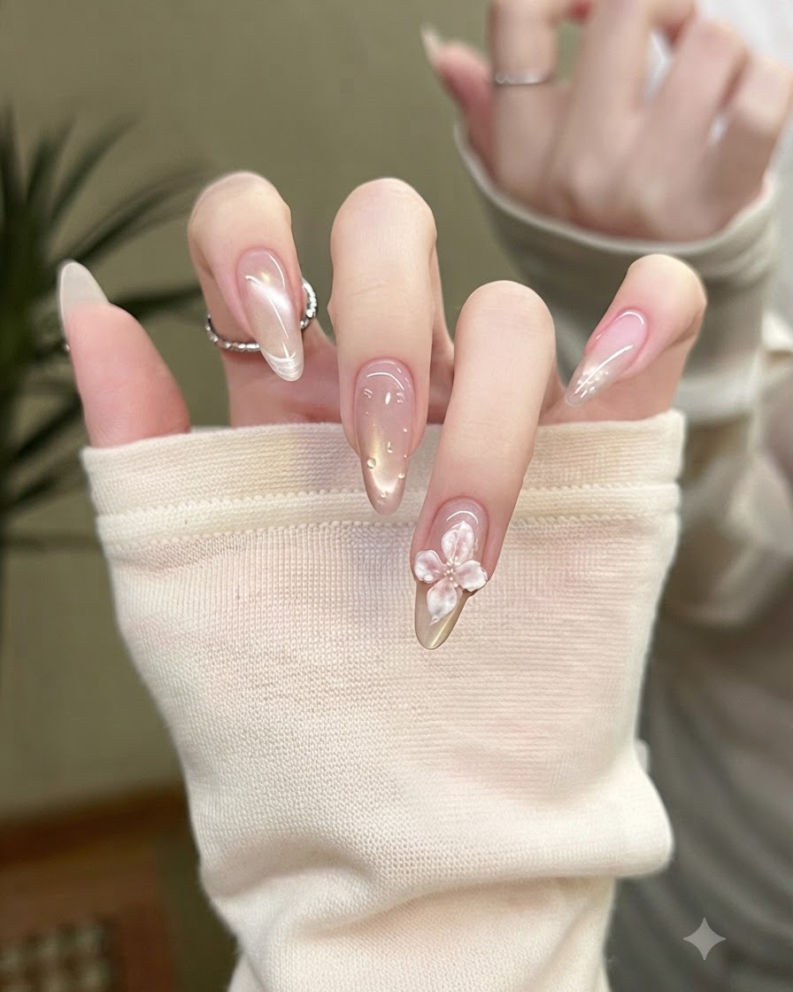 Eine Hand mit einem Pullover zeigt fertige mandelförmige Nägel mit Cat-Eye-Effekten und 3D-Blumenkunst.