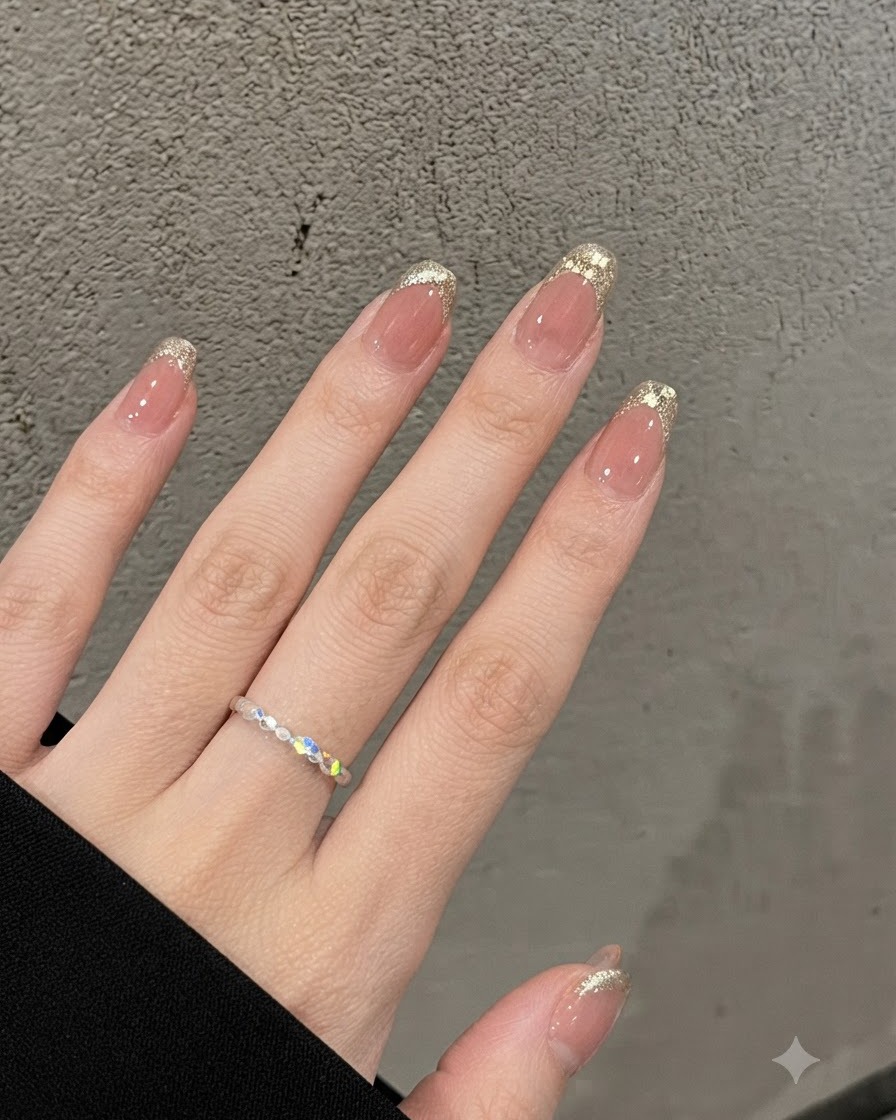 Nahaufnahme einer Hand mit Nude-Basis und goldenen Glitter-French-Spitzen vor einem strukturierten grauen Hintergrund, mit einem zarten Ring.