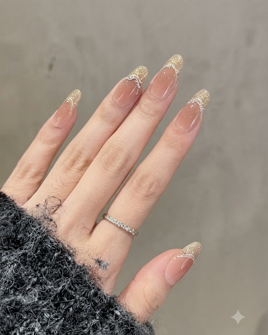 Nahaufnahme der Nägel mit einem sanften Übergang von transparenten Nude-Basen zu goldenen Glitterspitzen, akzentuiert mit feinen weißen Linien.