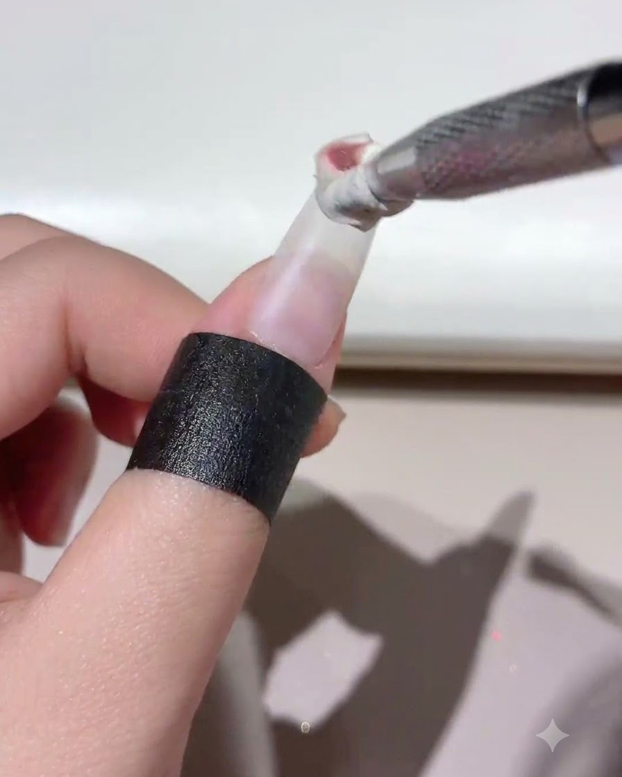 Ein Nagelwerkzeug trägt weißes Gel-Produkt entlang der unteren Nagelhautlinie einer klaren Nagelverlängerung auf.