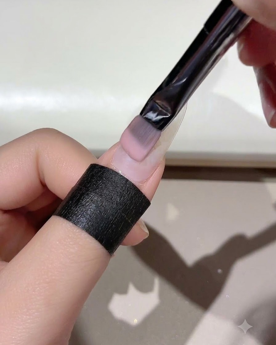 Ein Pinsel trägt gleichmäßig pinkfarbenes Jade D05 Gel über die gesamte Nageloberfläche auf.