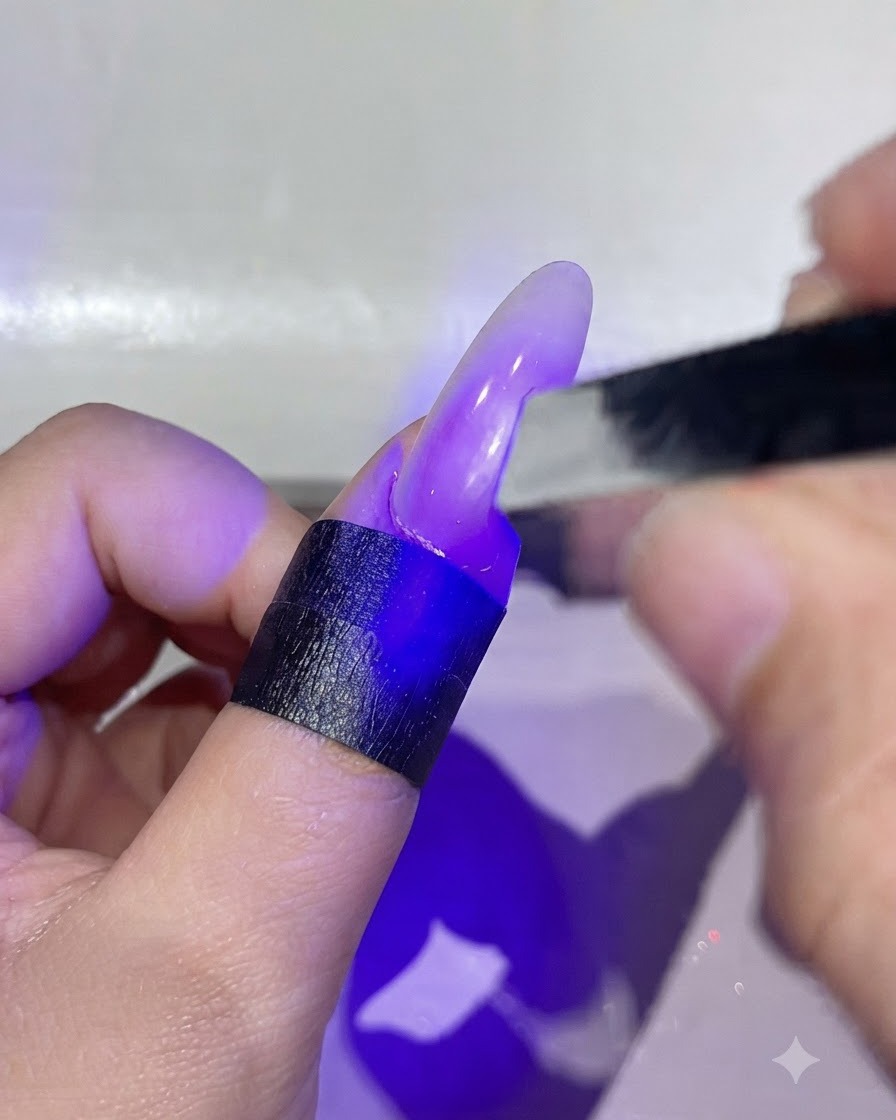 Ein Pinsel trägt einen lebendigen pinkfarbenen Punkt aus Sanftem No. 7 Produkt in der Nagelmitte auf.