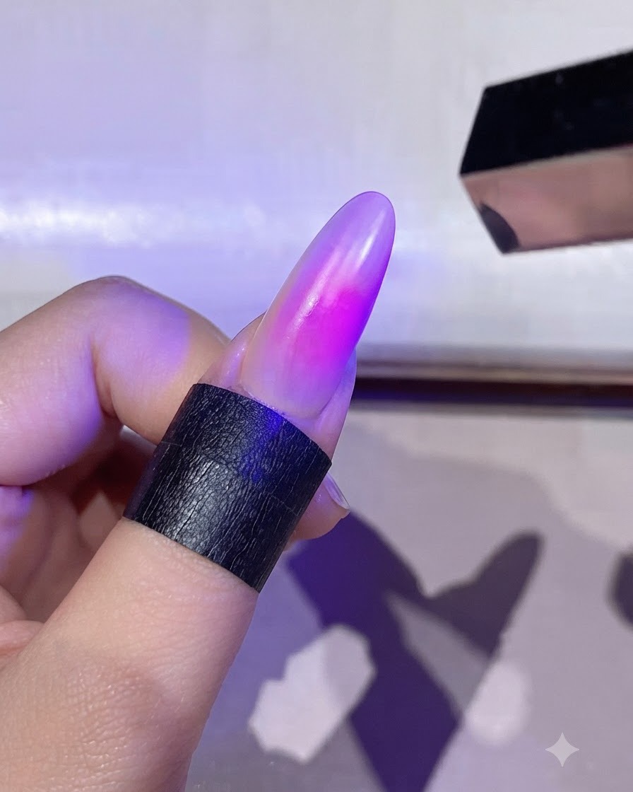 Ein Nagel mit einem ausgehärteten pinkfarbenen Blush-Zentrum unter Lampenlicht.