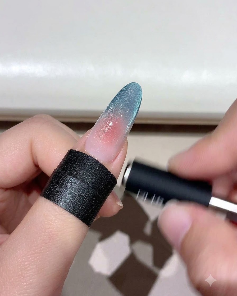 Ein Magnetwerkzeug schwebt über einem Gradienten-Cat-Eye-Nagel, um die Schimmerpartikel zu formen.