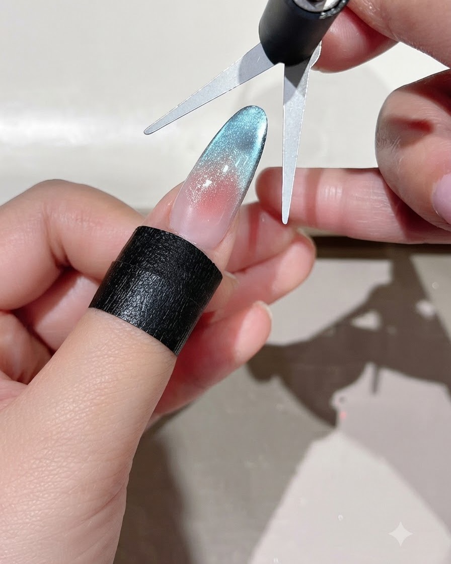Ein spezialisiertes French Cat Eye Formungswerkzeug wird gegen die Nagelspitze gedrückt.