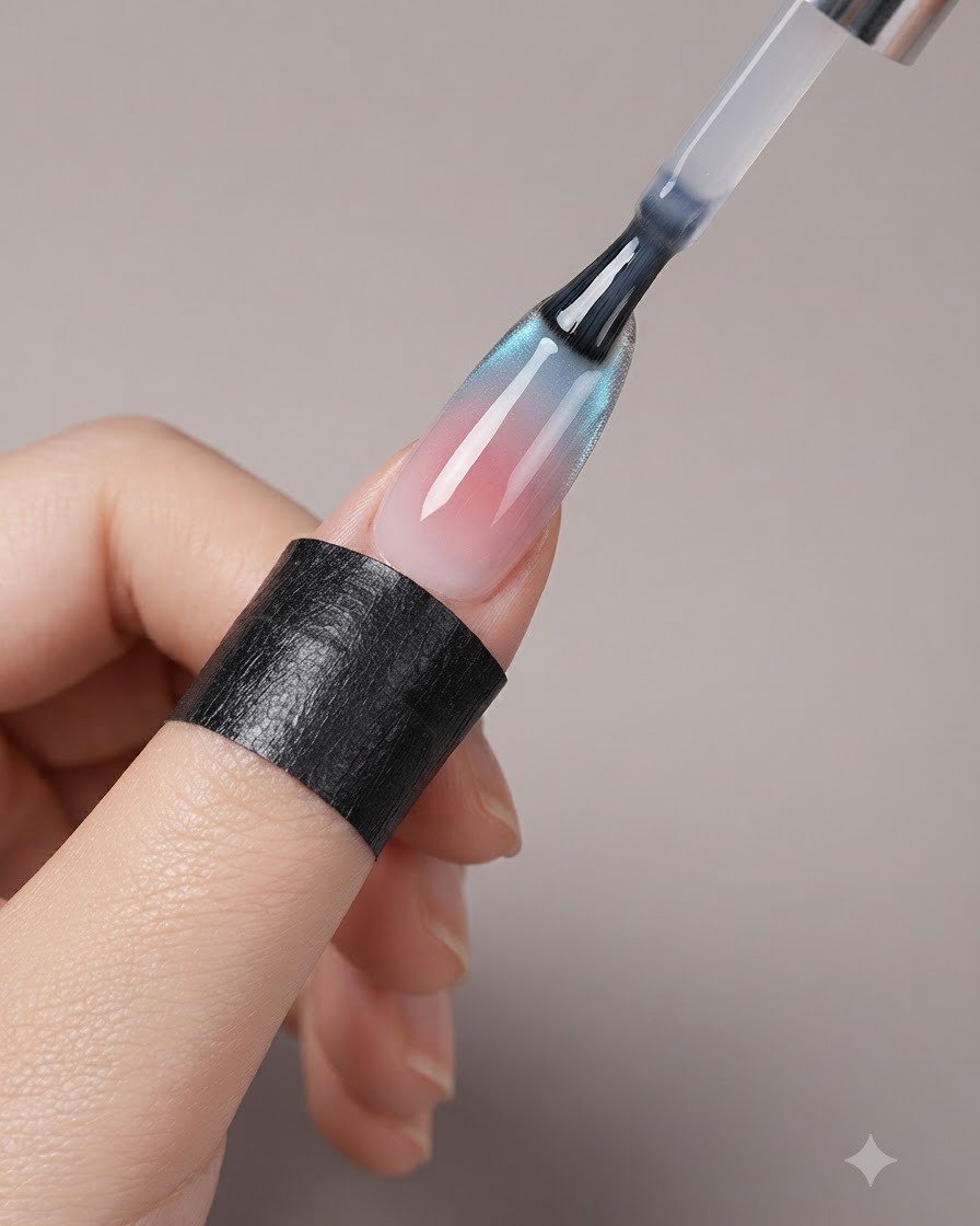 Ein Nagelpinsel trägt einen glänzenden klaren Überlack über eine fertige Cat-Eye-French-Maniküre auf.