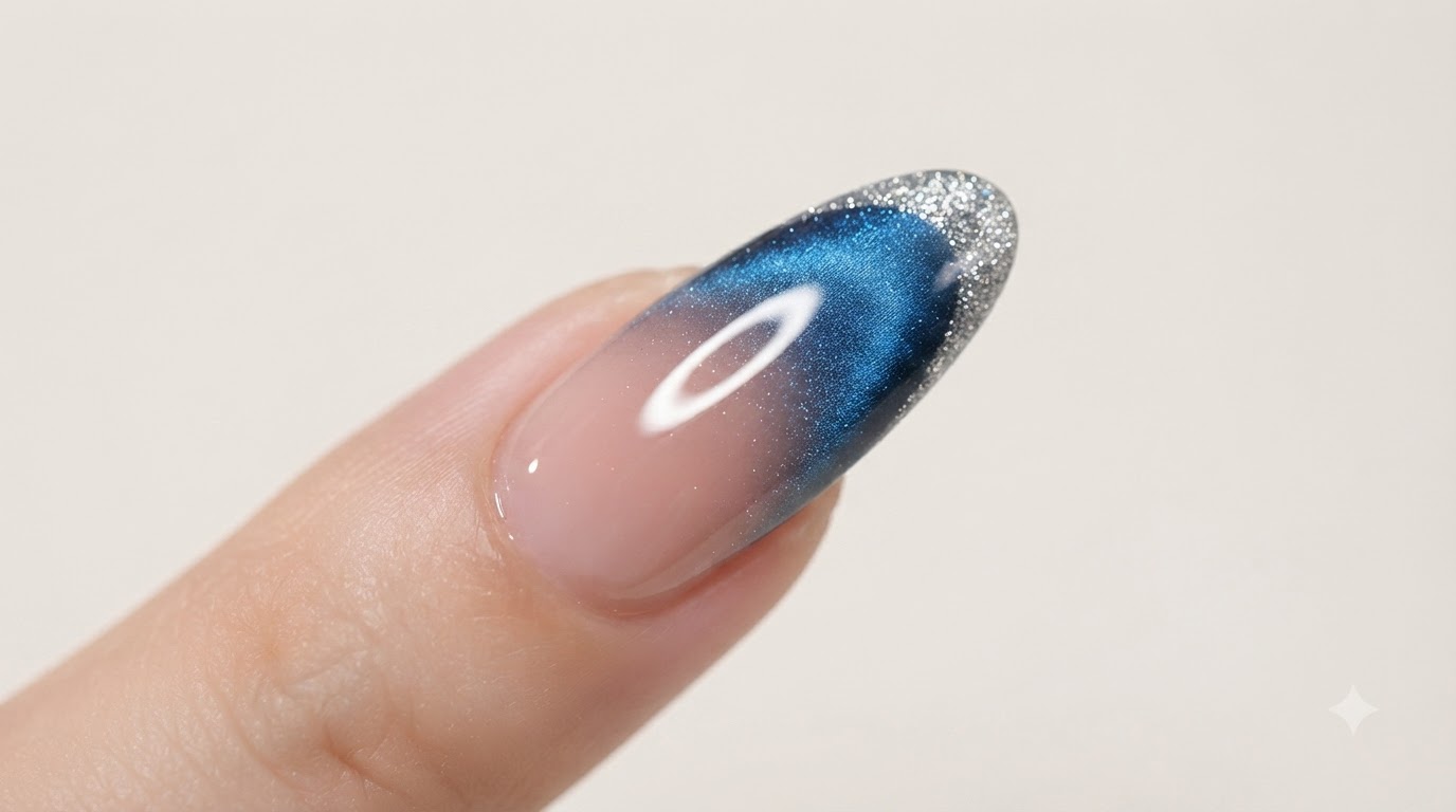 Blaues Diamant French Cat Eye Nageldesign – Schritt-für-Schritt-Anleitung