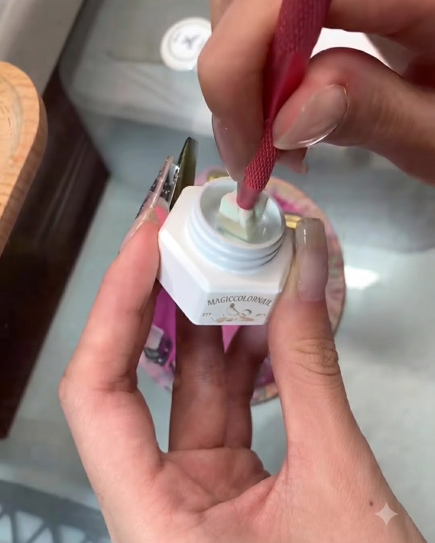 Ein Nagelpinsel trägt schneeweißes Gel auf die Spitze eines künstlichen Nageldisplays auf.