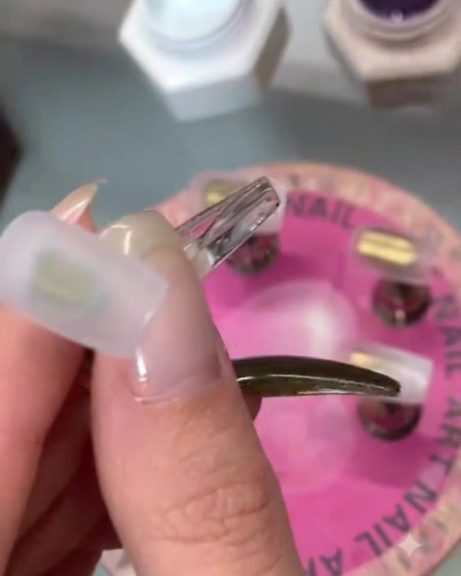 Eine Nahaufnahme der Ringfingerspitze mit einem sanften Smudge aus weißen, lila und blauen Farbblöcken.