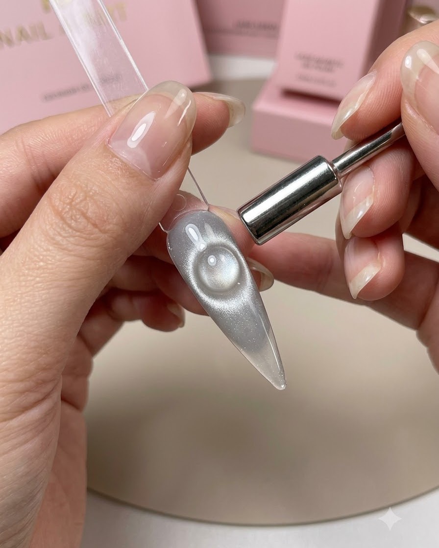 Ein kleiner zylindrischer Magnet schwebt über einer grauen Cat-Eye-Nagelspitze und erzeugt eine leuchtende, kreisförmige Lichtreflexion.