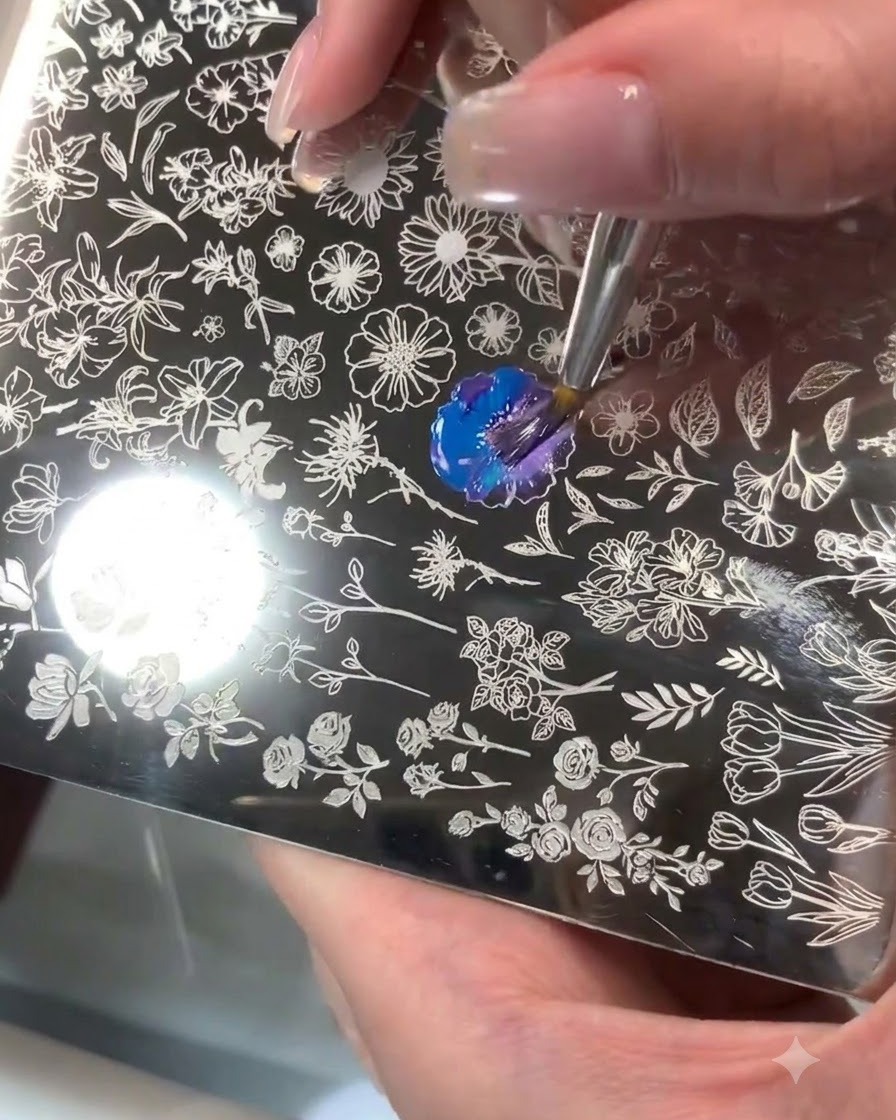 Eine Stamping-Platte aus Stahl mit einem gravierten Blumenmuster, auf der blaues und lila Gel mit einem Pinsel gemischt wird.