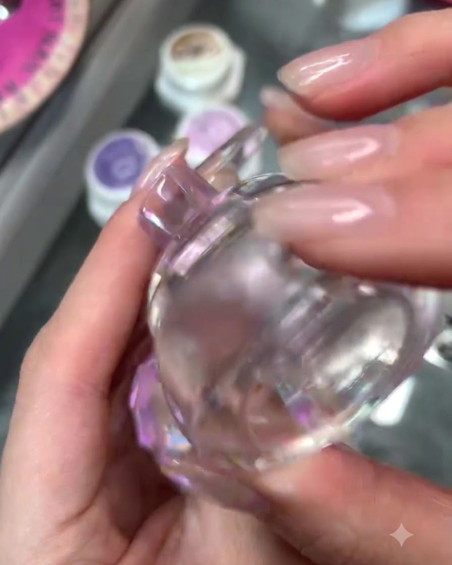 Eine Nahaufnahme einer Hand, die ein Kissen-Nagelstamping-Werkzeug hält und sich darauf vorbereitet, ein Design auf einen Fingernagel zu drücken.