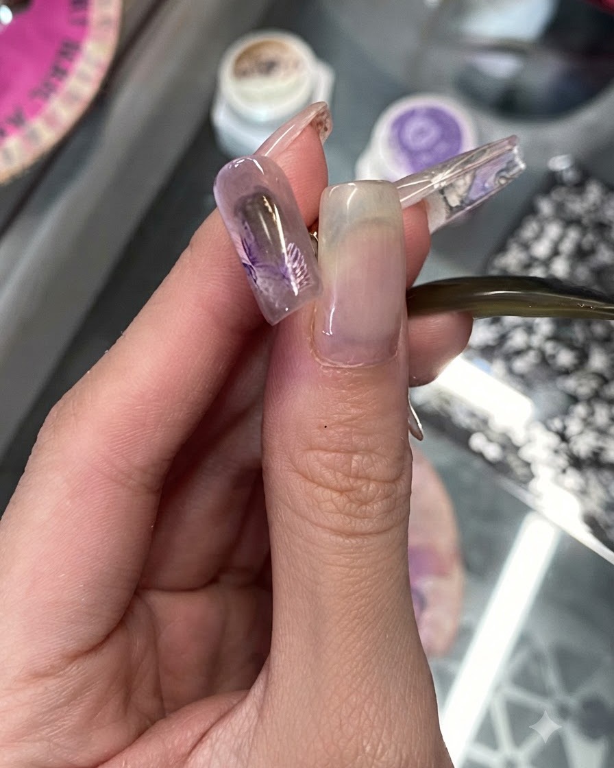 Ein feiner Pinsel verwendet schneeweißes Gel, um filigrane Umrisse um die Blütenblätter eines Blumen-Nail-Art-Designs zu ziehen.