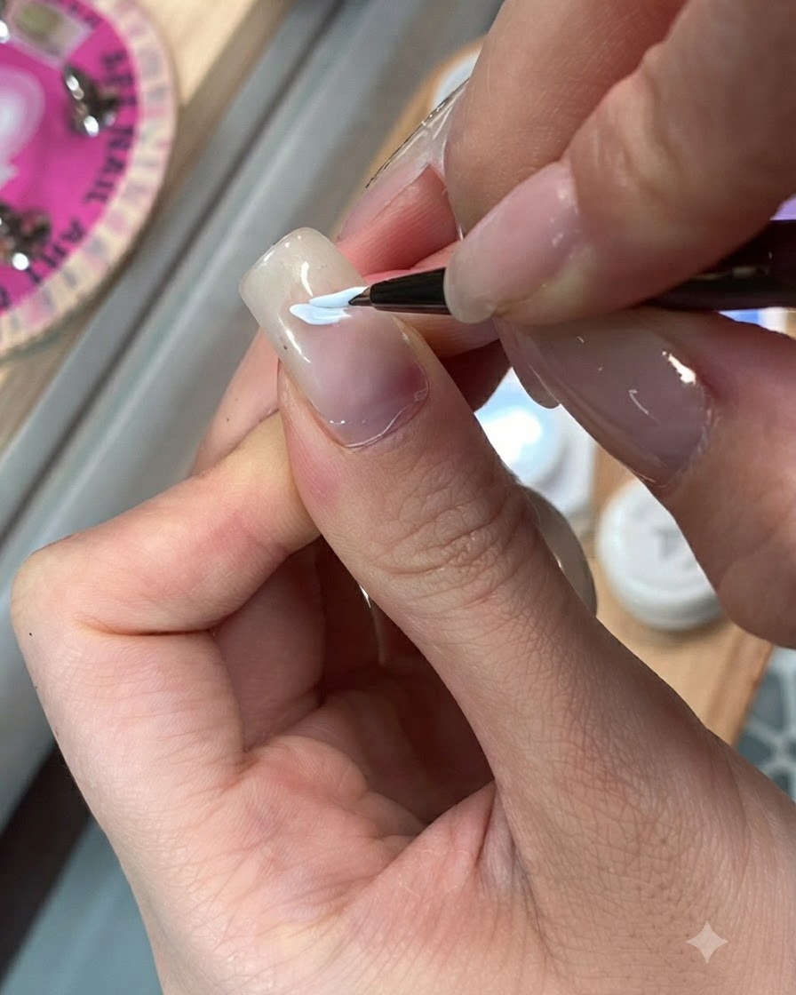 Ein Pinsel trägt eine pinke und lila Cat-Eye-Gelschicht über eine Nude-Farbverlaufsbasis auf.