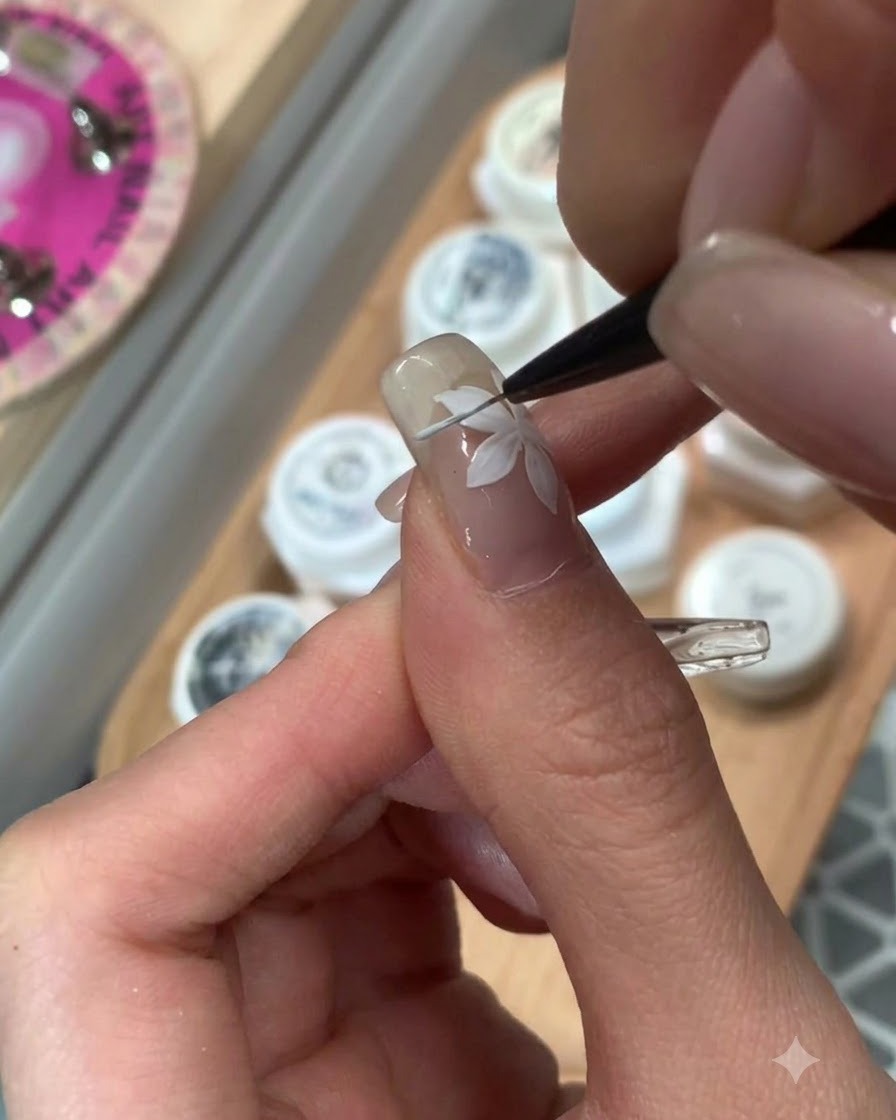 Ein Nagelpinsel trägt Emerald Cocoa gefärbtes Gel auf einen Zeigefingernagel auf.