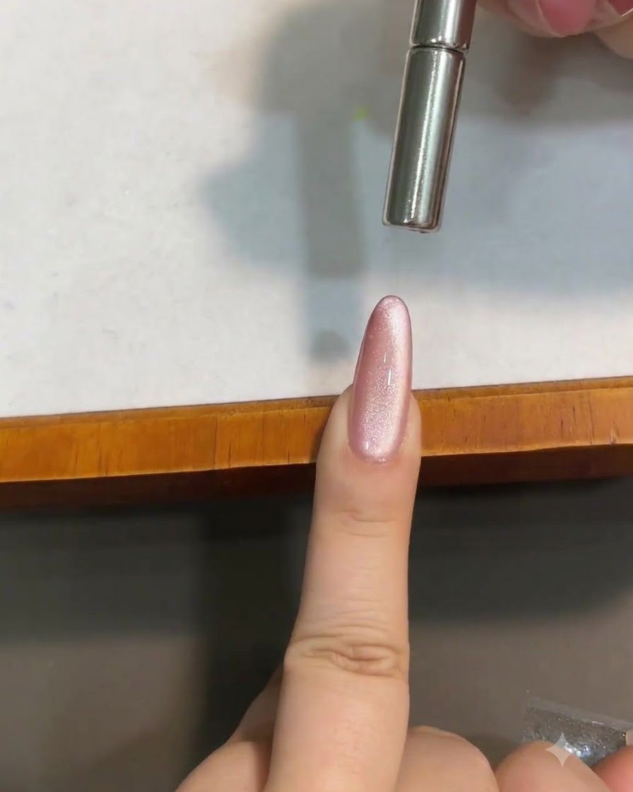 Ein zylindrischer Magnet wird dicht über einen glänzenden rosa Cat-Eye-Gel-Nagel gehalten, um den Lichtstreifen zu formen.