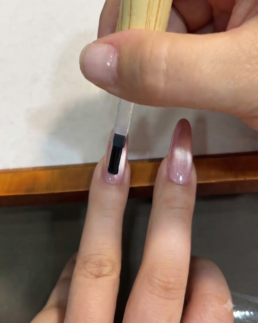 Ein Pinsel trägt einen klaren Top Coat über einen rosa Farbverlauf-Cat-Eye-Nagel auf.