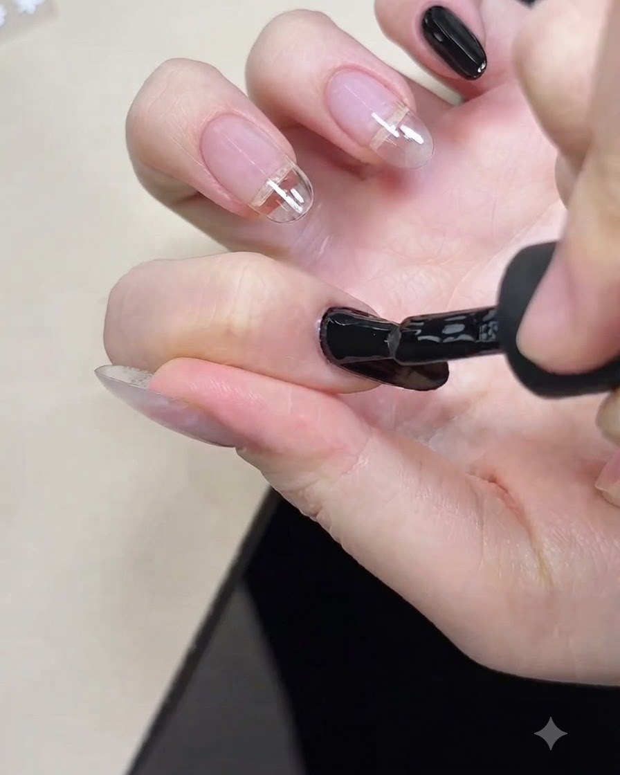 Ein Nagelpinsel trägt schwarzen Basisschicht-Gel auf einen Fingernagel auf.