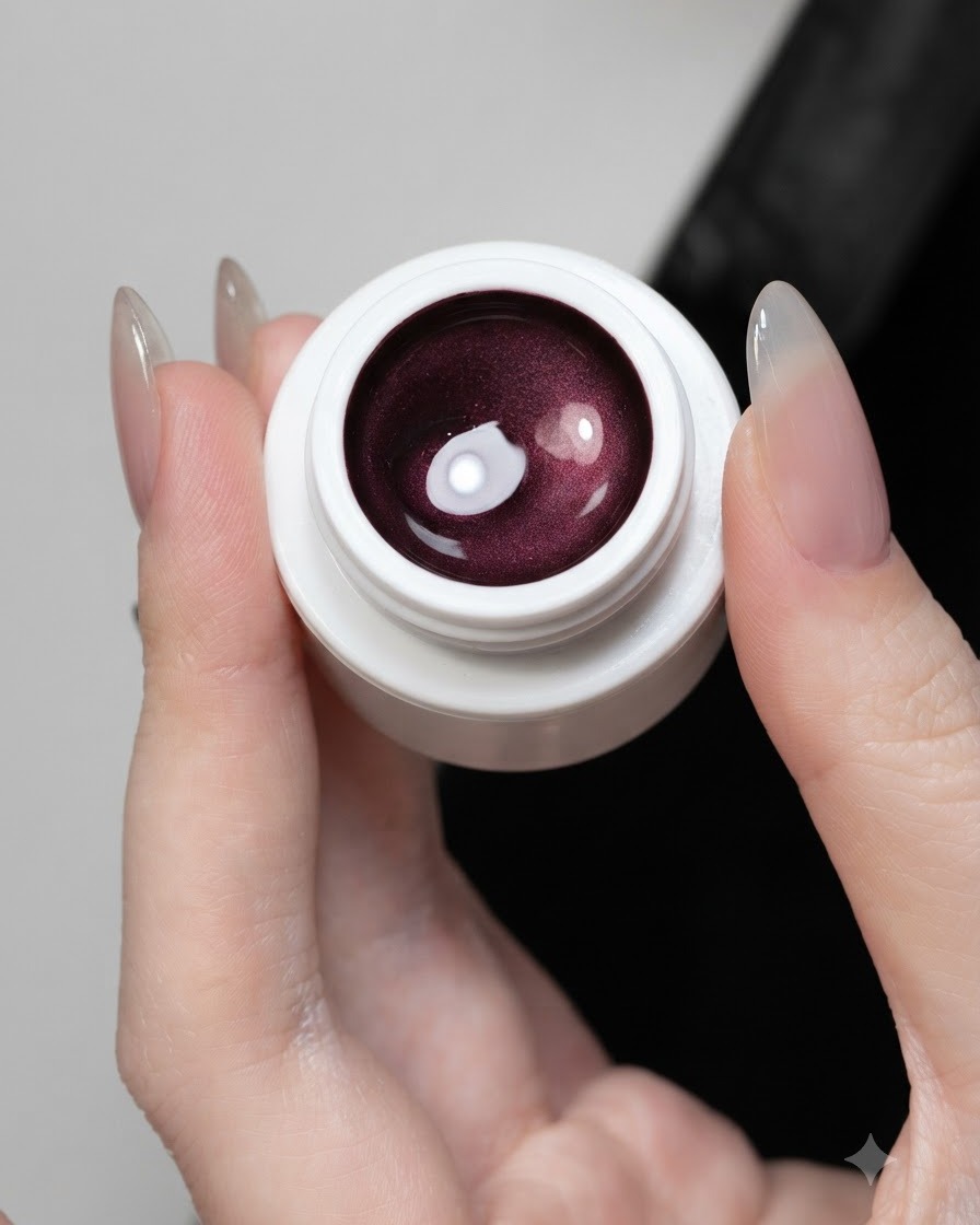 Ein offenes Gefäß mit lila Cat-Eye-Gel zeigt seine reichhaltige Schimmertextur.