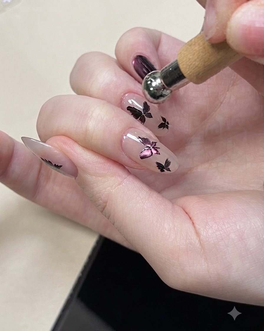 Ein Pinsel trägt einen klaren Top Coat über fertiger lila Schmetterlings-Nail-Art auf und glättet die Oberfläche.
