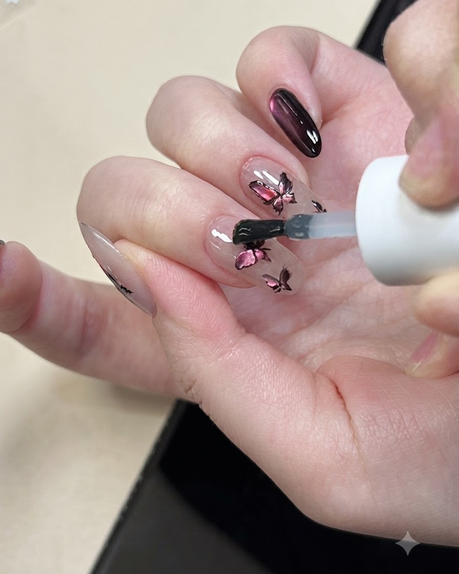 Ein feiner Linienpinsel zieht einen Strang Spinnennetz-Gel, um feine dekorative Linien über einem fertigen Nageldesign zu erzeugen.