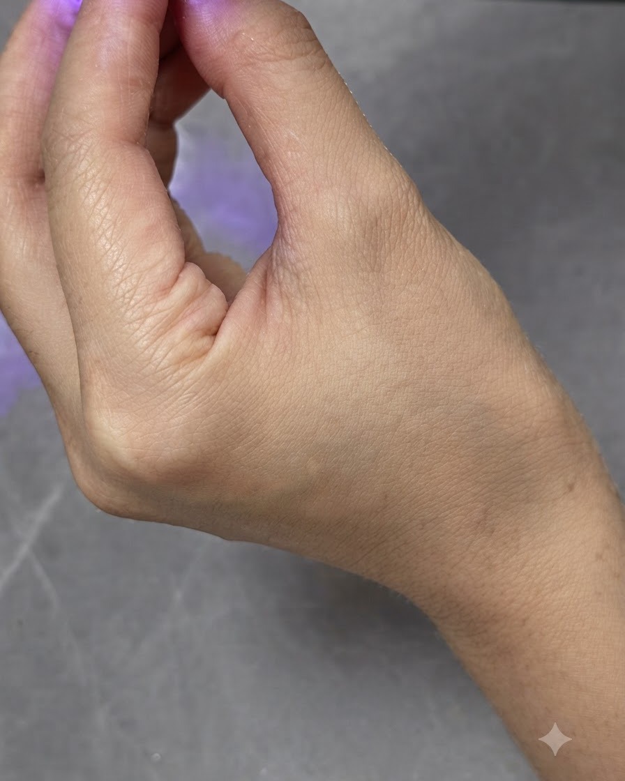 Eine kleine tragbare UV- oder LED-Lampe ist über einem Fingernagel positioniert, um Gel-Nagellack auszuhärten.