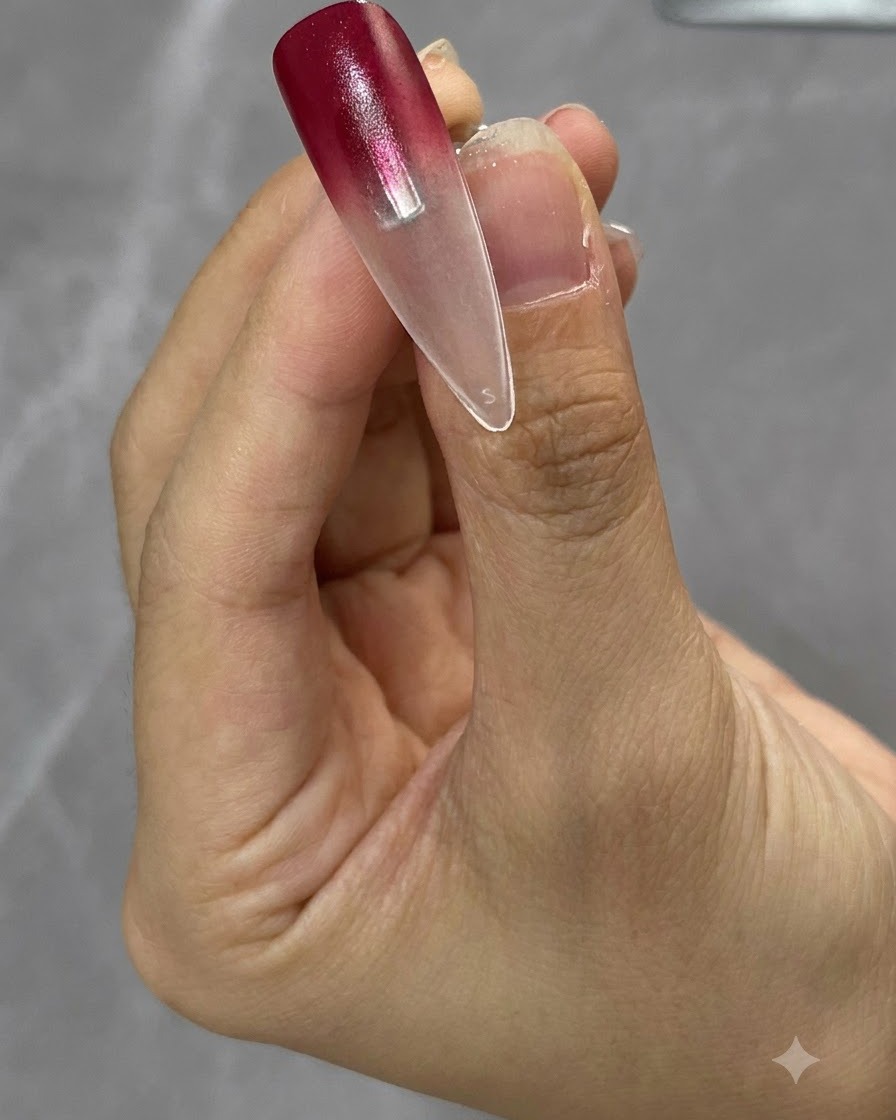 Ein Pinsel trägt eine Schicht Nude-Basisfarbe auf den transparenten Übungs-Nageltip auf.