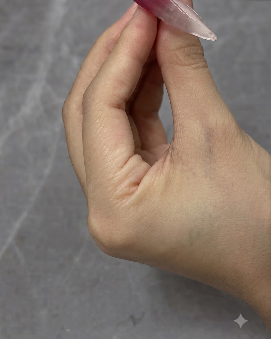 Ein transparenter Übungs-Nageltip vor einem neutralen Hintergrund, der den Aushärtungsschritt darstellt.