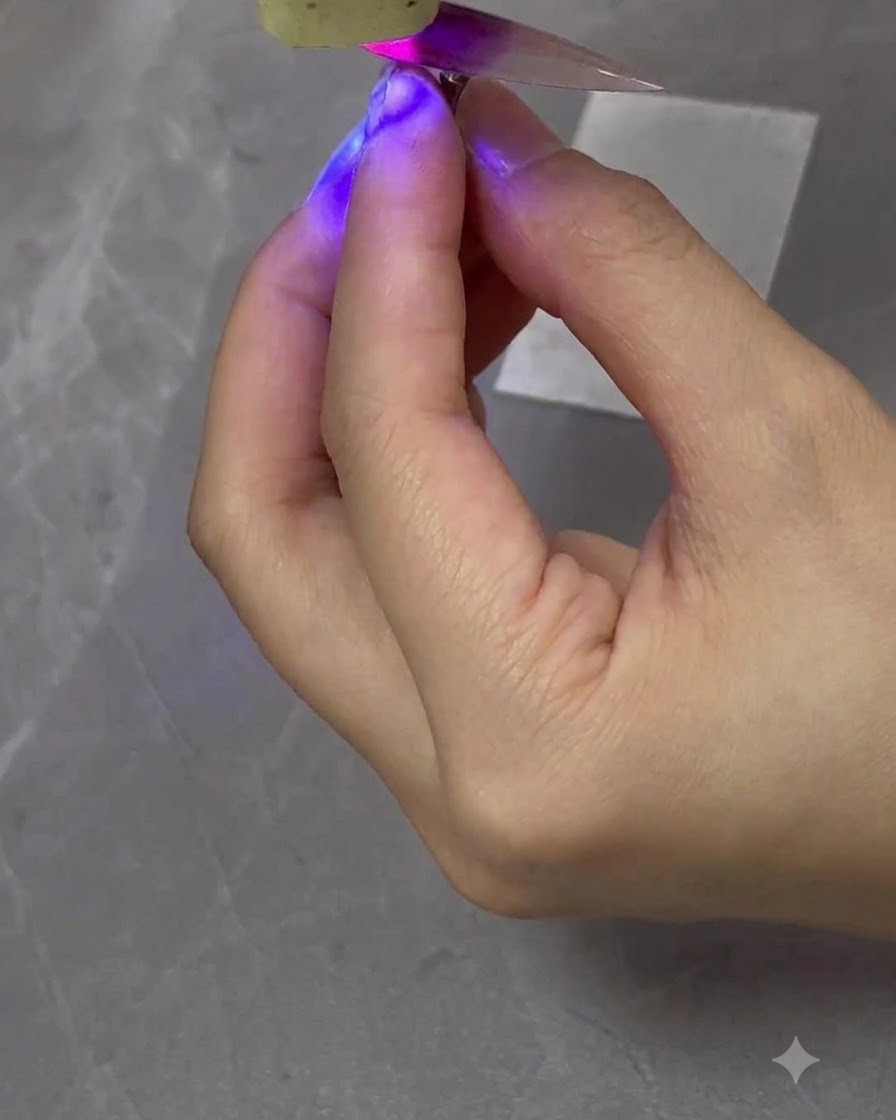 Eine violettfarbene Mini-UV- oder LED-Lampe härtet eine mit Farbverlauf bemalte Nagelspitze in einer Hand aus.