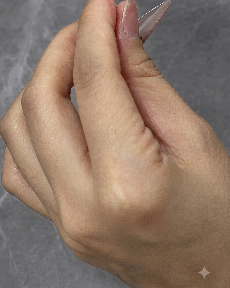 Nahaufnahme des Auftragens von Top Coat auf die Unterkante einer fertigen Nagelverlängerung.