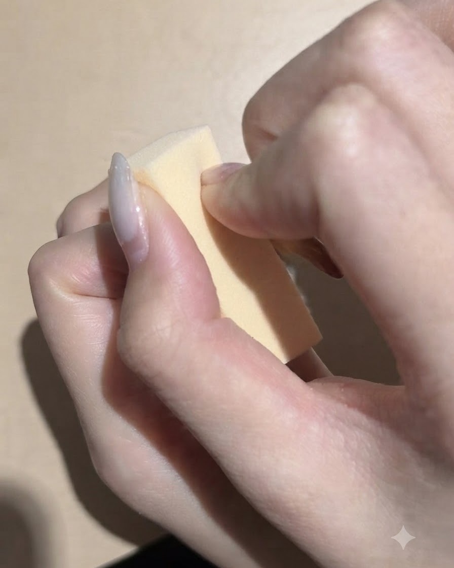 Ein kleiner Make-up-Schwamm wird gehalten, während dunkles schwarzes Pigment für einen Nagelfarbverlauf aufgetragen wird.