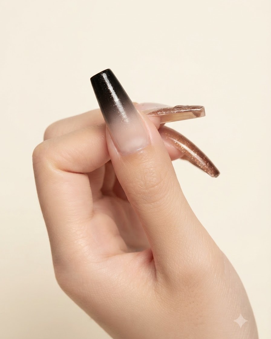 Ein Holzwerkzeug platziert einen kleinen Tropfen blauen Cat-Eye-Magnetgels auf einer Mischoberfläche.