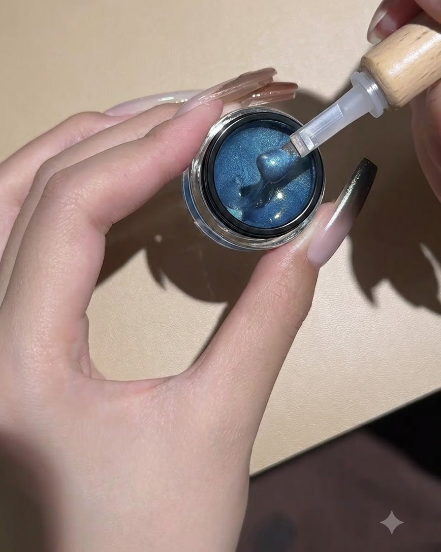 Ein Pinsel trägt blauen Cat-Eye-Gel aus einem Tiegel auf einen Nagel auf.