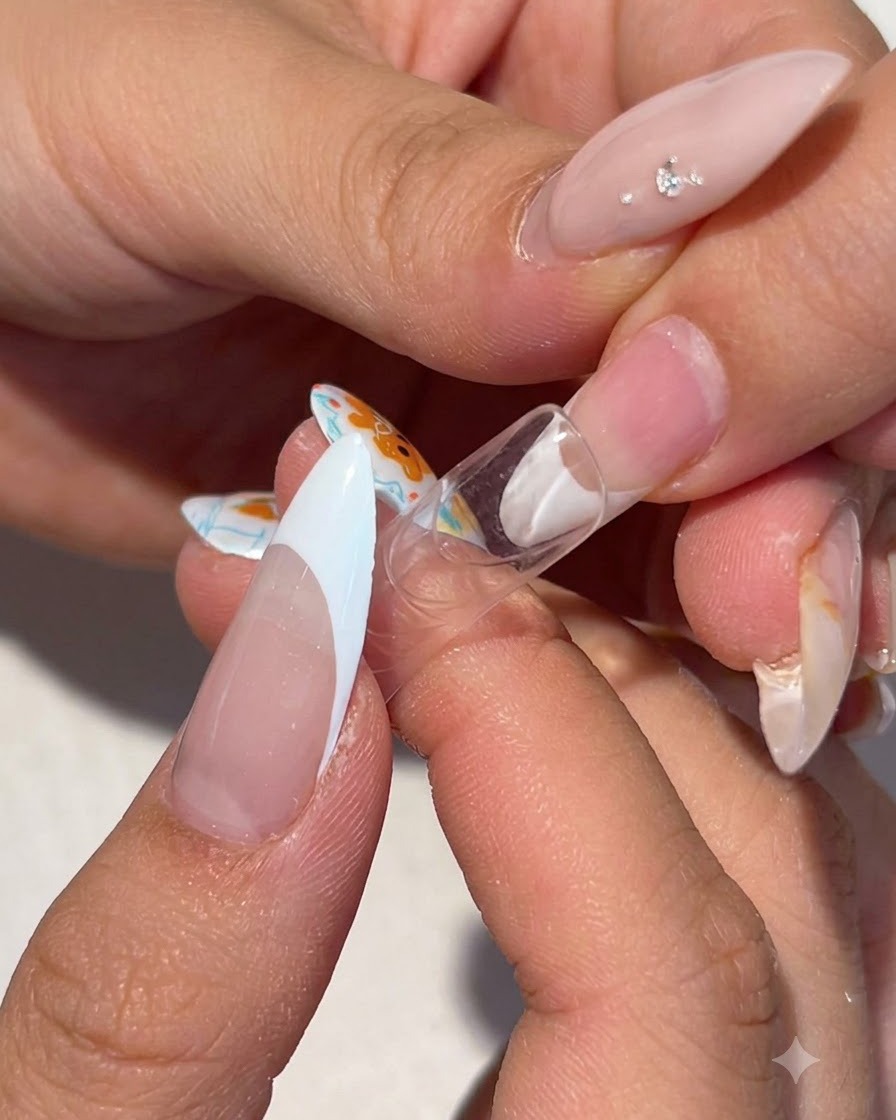 Eine klare Nagelschablone wird unter einem Fingernagel gehalten, um den nach unten gerichteten Wachstumsangleich zu korrigieren.