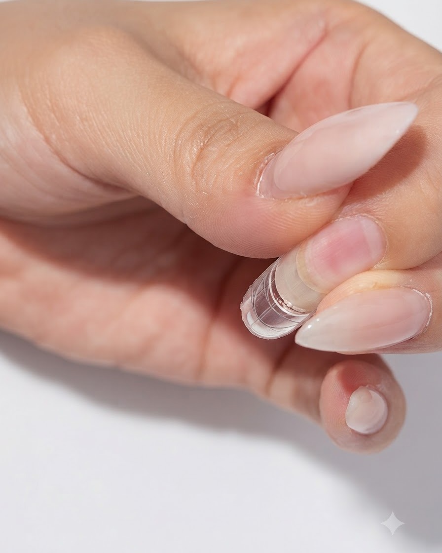 Ein Fingernagel mit einer klaren Nagelschablone darunter wird unter einer Mini-UV-LED-Lampe ausgehärtet.