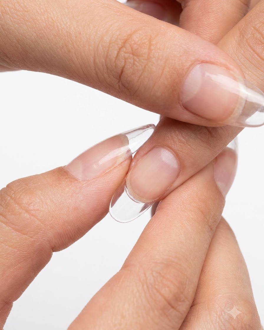 Eine Hand entfernt eine klare Nagelschablone von einem frisch ausgehärteten und verlängerten Fingernagel.