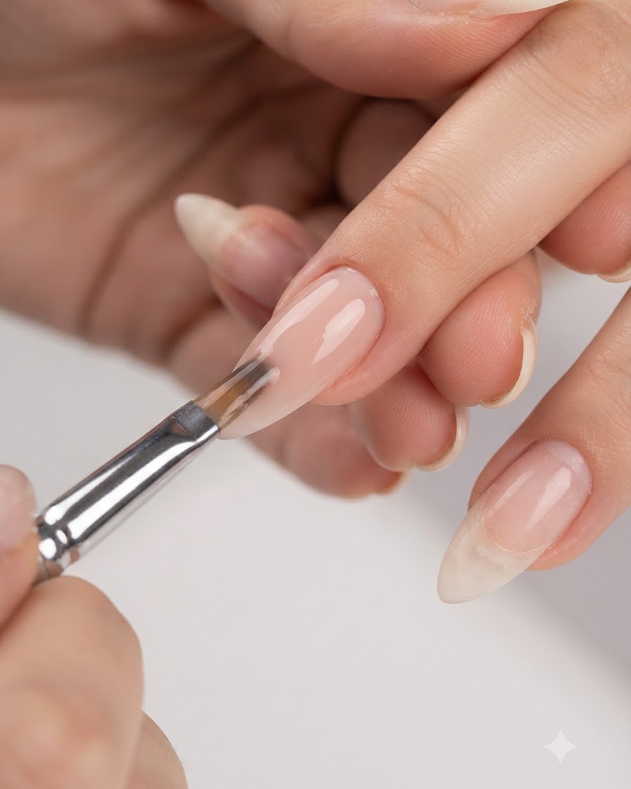 Detaillierte Ansicht eines Pinsels, der farbiges Aufbaugel glättet und über einem Fingernagel nivelliert.
