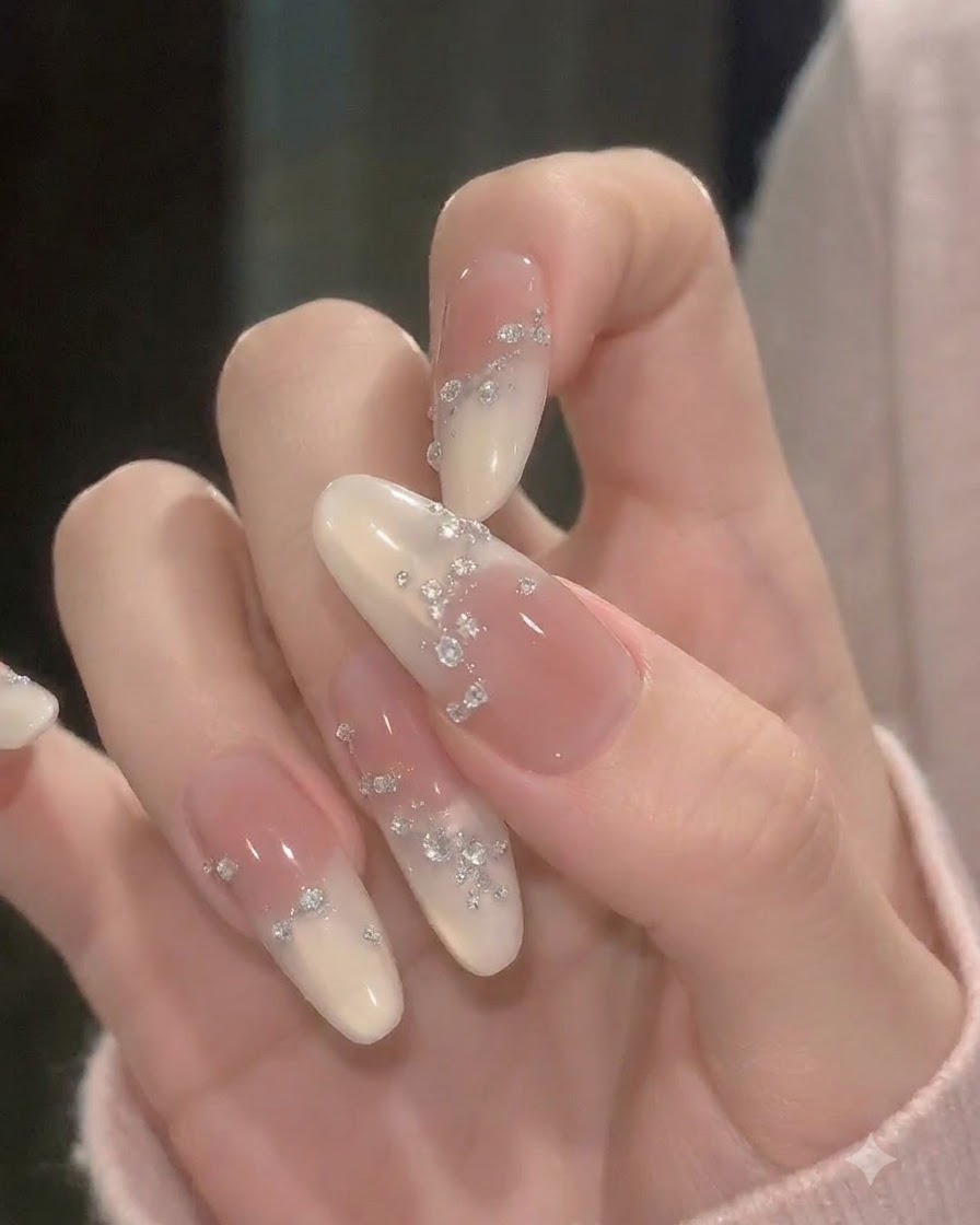 Eine isolierte Ansicht des Daumens mit einem sanften Pfirsich-Milch-Verlauf und minimalen Silberfolienflocken nahe der Nagelhautlinie.