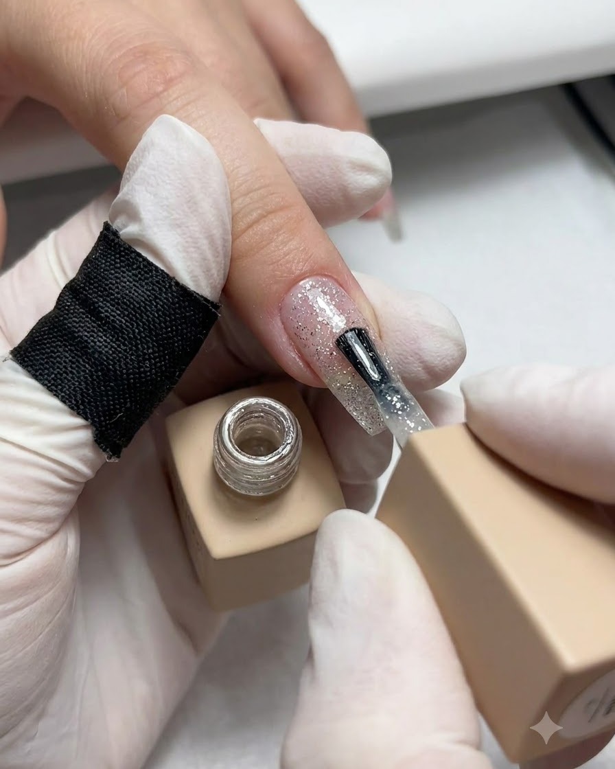 Ein Pinsel trägt klares Base Gel auf die Naturnagelplatte auf.