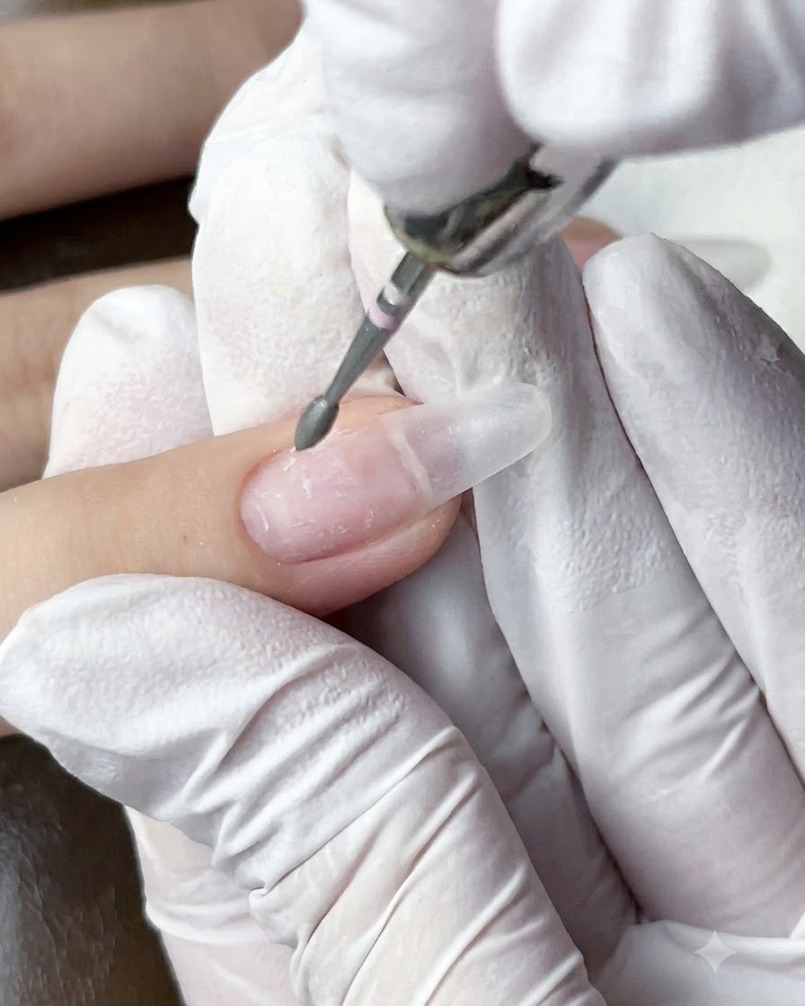 Ein elektrischer Fräser mit einem Nadelbit entfernt überschüssiges Gel an der Nagelhaut.