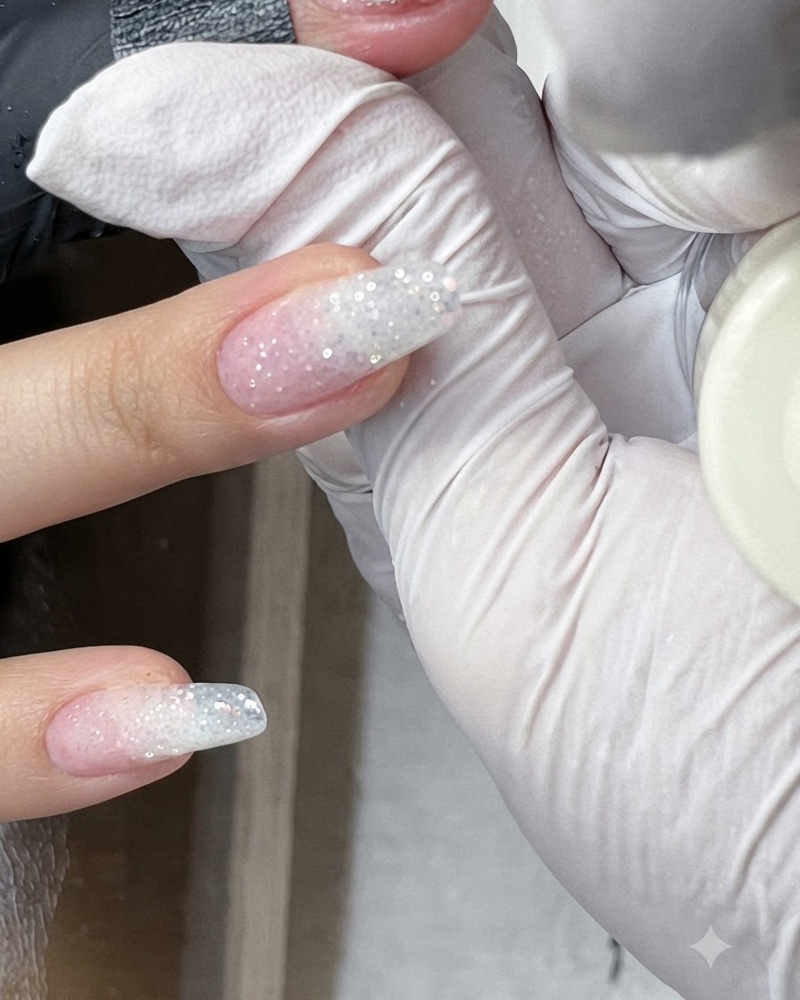 Nahaufnahme eines Nagels, bei dem feines Silber-Glitzergel gleichmäßig auf die untere Hälfte der Nagelplatte aufgetragen wird.