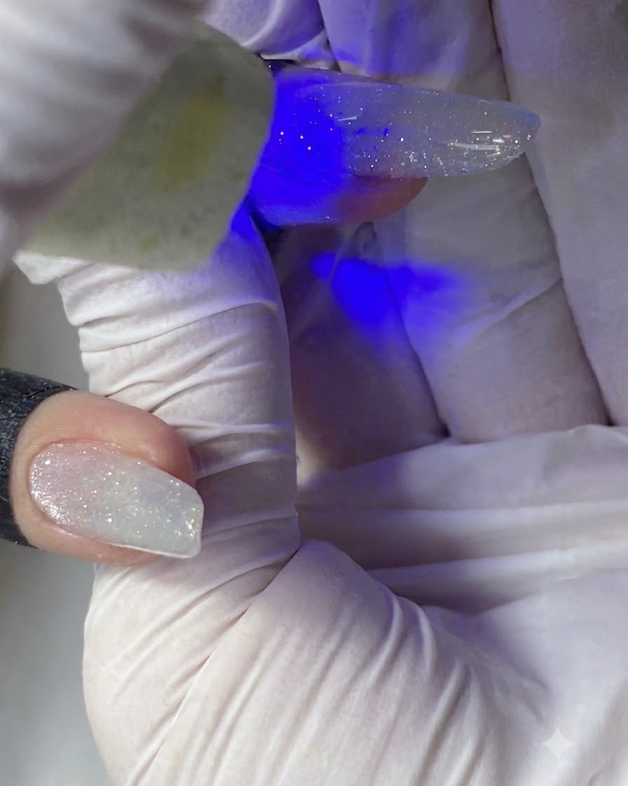 Eine kleine UV-Handlampe härtet die Aufbaugel-Schicht auf einem Fingernagel aus.