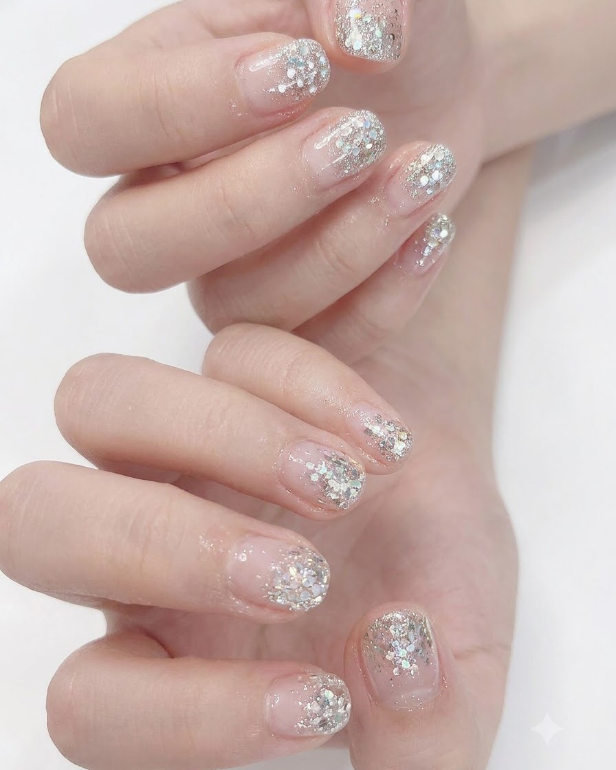 Ein Pinsel trägt einen klaren Topcoat über ein strukturiertes Nageldesign mit silbernem Glitzerverlauf auf.