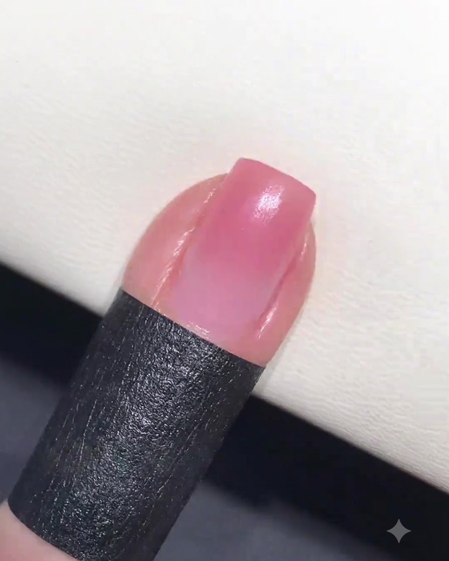 Ein Fingernagel, der unter einer hellen UV- oder LED-Lampe aushärtet.